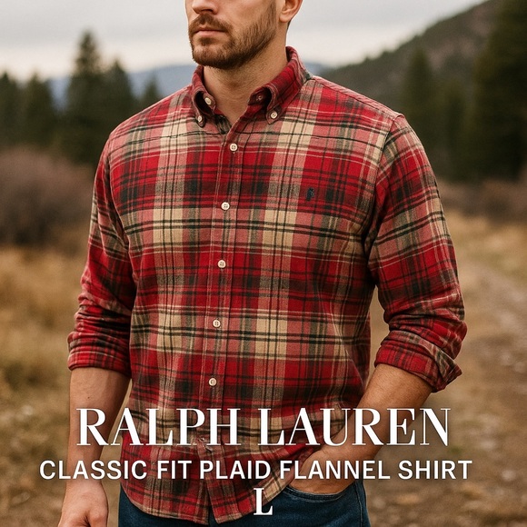 Ralph Lauren Classic Fit Plaid Red Green Flannel Size Large - Picture 1 of 13